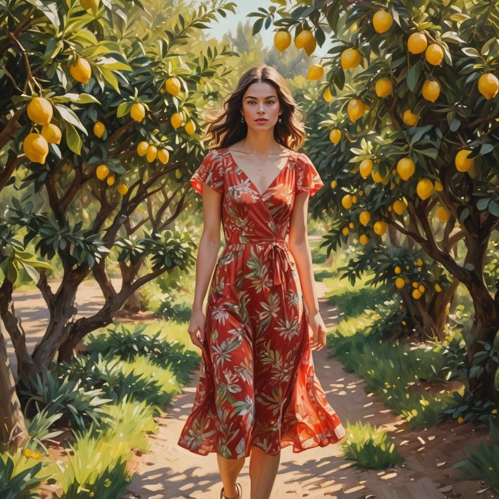 Impressionist Woman in Lemon Grove at Golden Hour