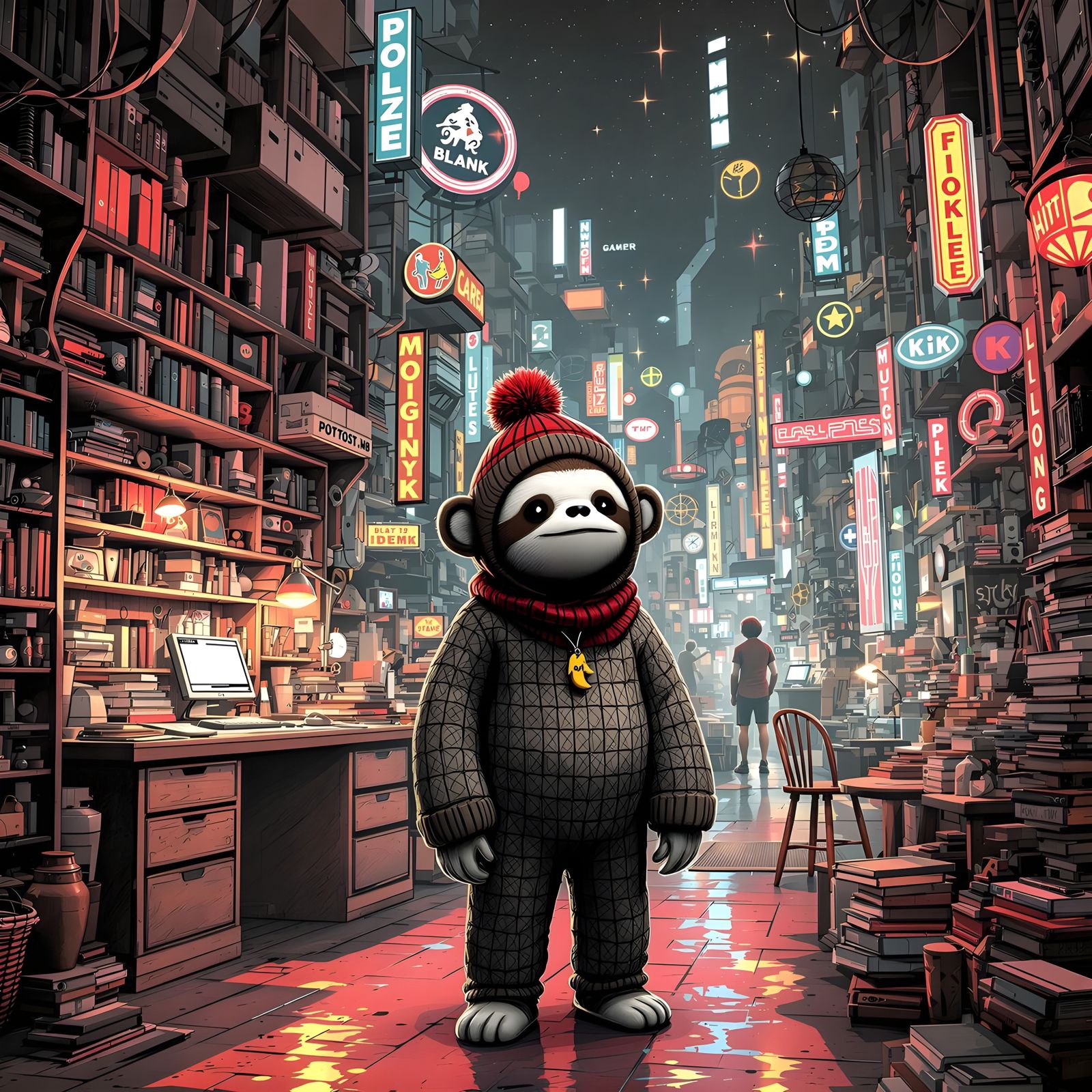 Whimsical Manga Scene in Black-and-white Ink Drawing Style