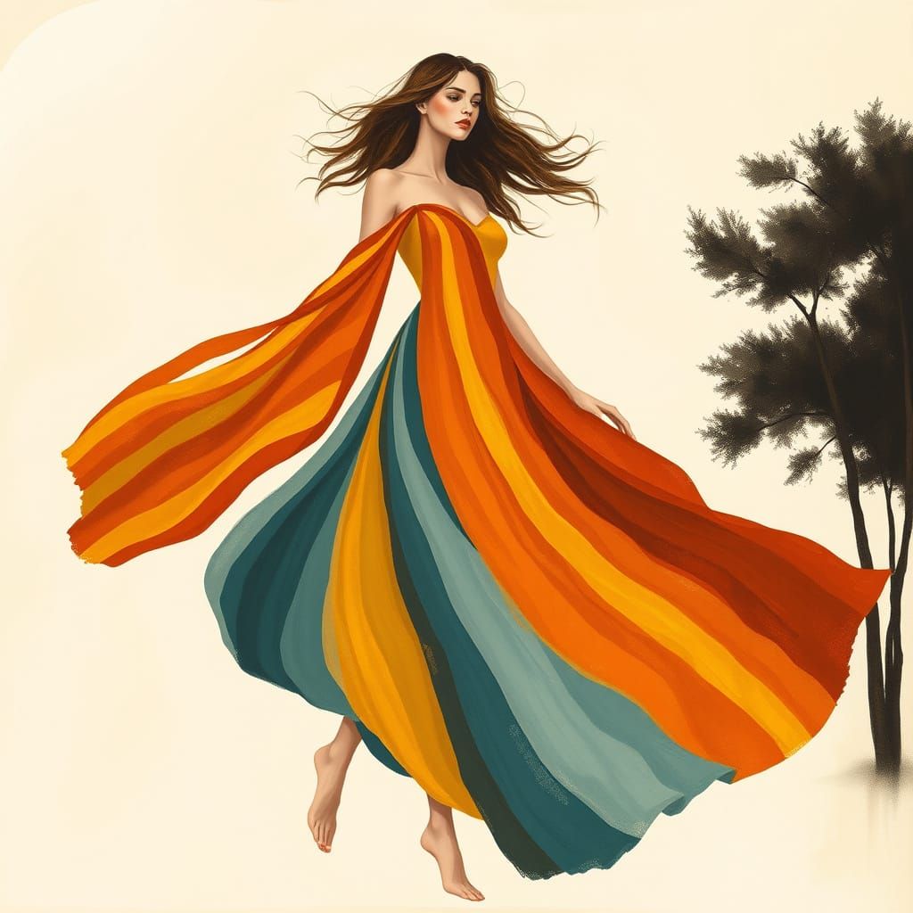 Ethereal Woman in Vibrant Striped Dress, Mid-Century Modern ...