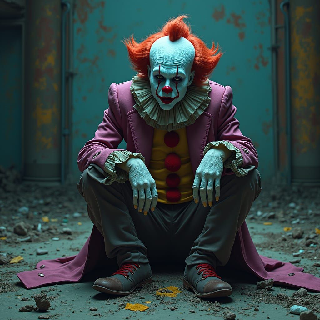 Sorrowful Clown in a Haunted Theater, in a Distorted Digital...