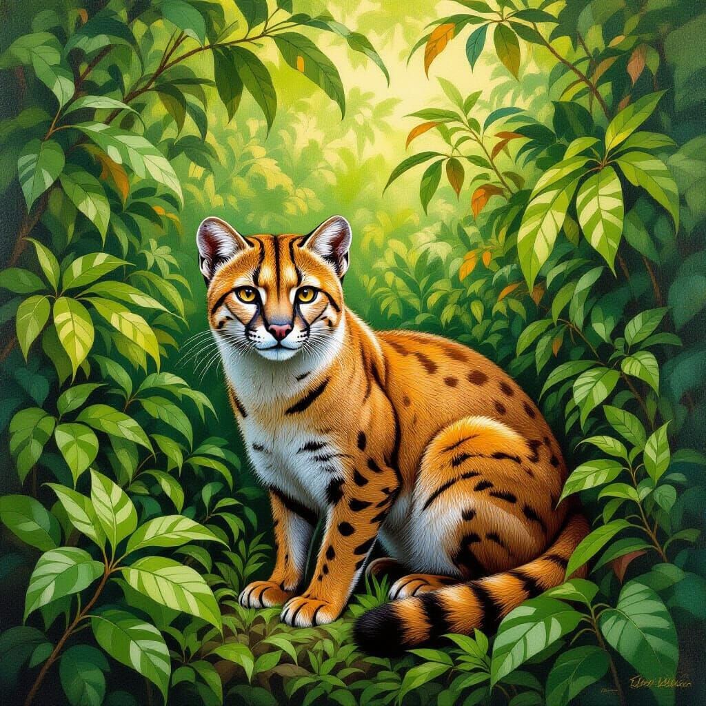 Jaguarundi in Lush Brush, Wildlife Art