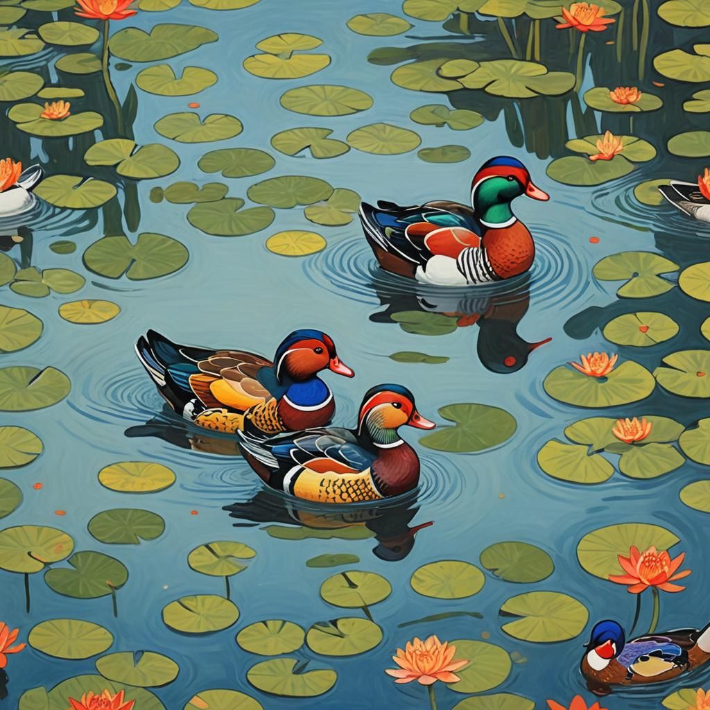 Mandarin Ducks in Pond: Anime Key Visual
