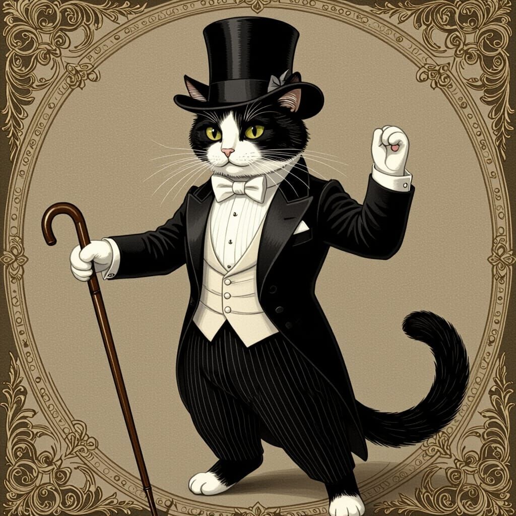 Elegant Tuxedo Cat Dancing in Engraving Style