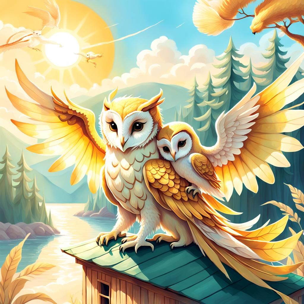 Golden Dragon-Owl Creature in Whimsical Landscape