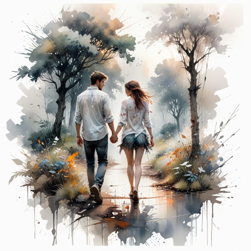 Young Couple Strolls Under Ethereal Clouds in Watercolour St...