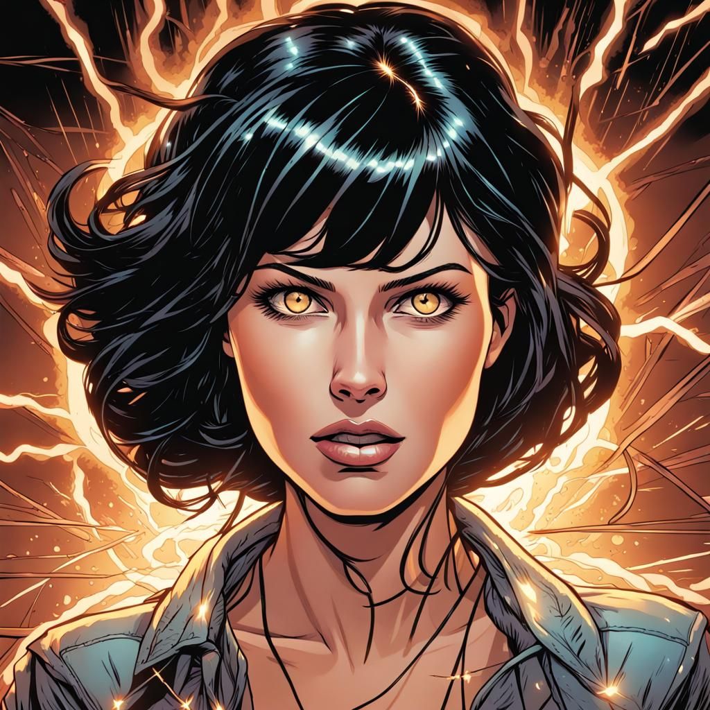 Woman Controls Electricity in Comic Book Style