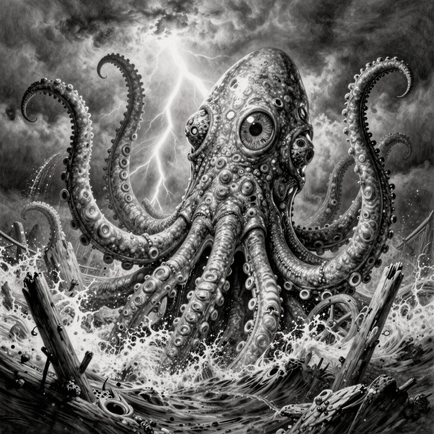 Colossal Kraken Rises From Ocean Depths in Graphite Drawing