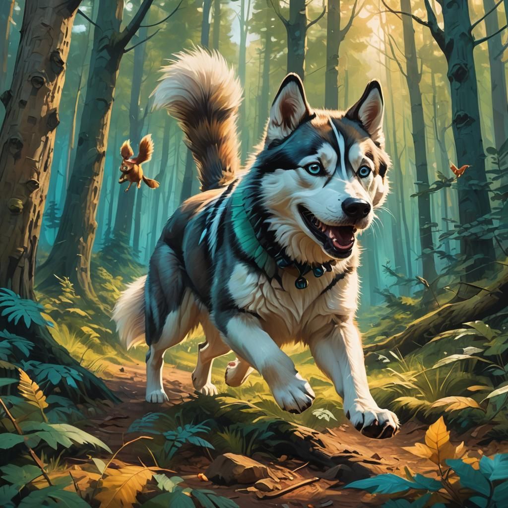 Husky Chasing Squirrel in Whimsical Forest Art