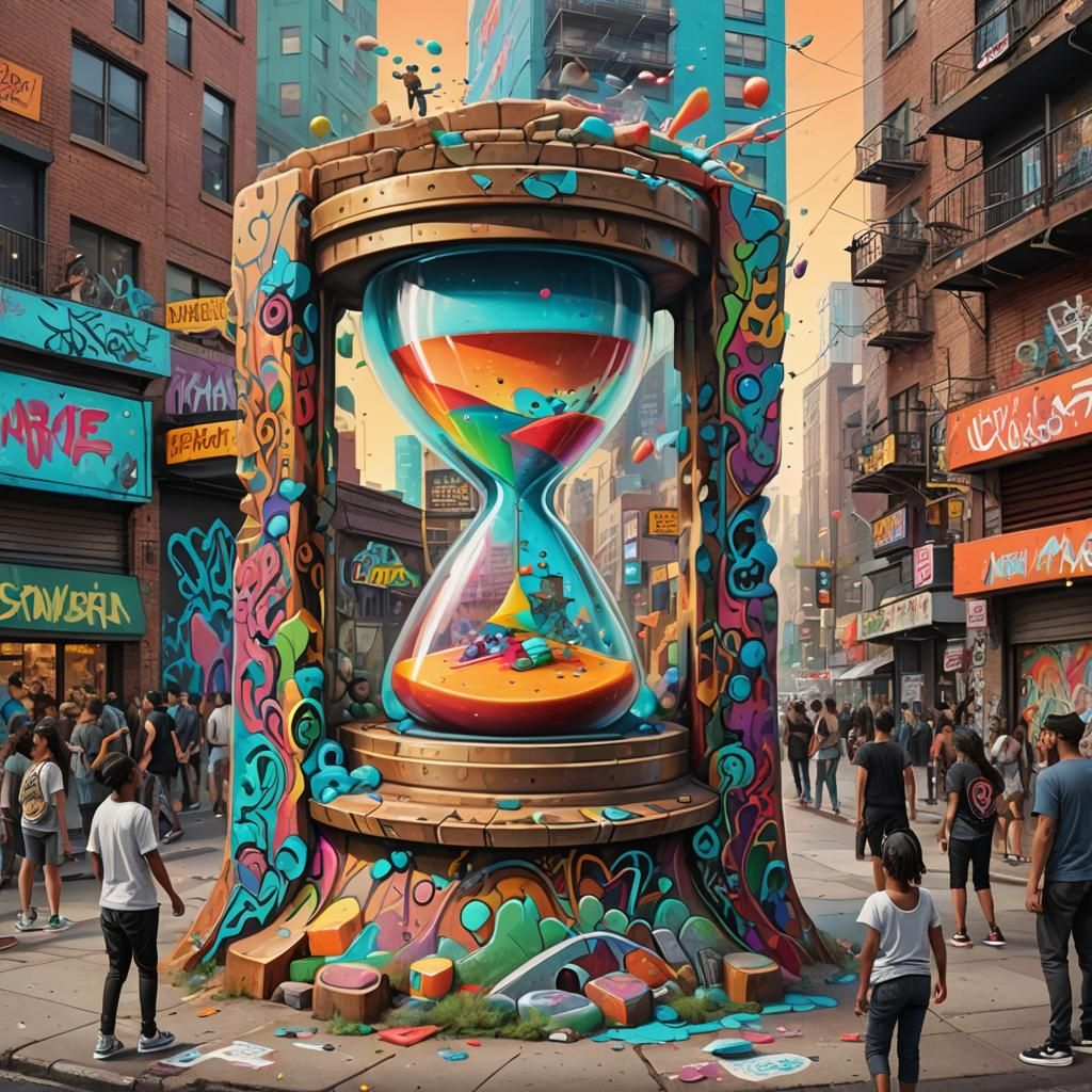 Surreal Hourglass Graffiti Art with Vibrant City Scenes