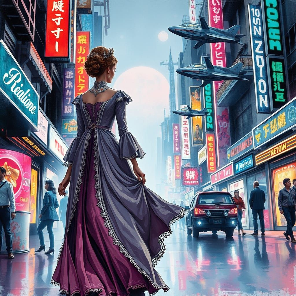 Regal Woman in Futuristic Market, Stencil Art Style