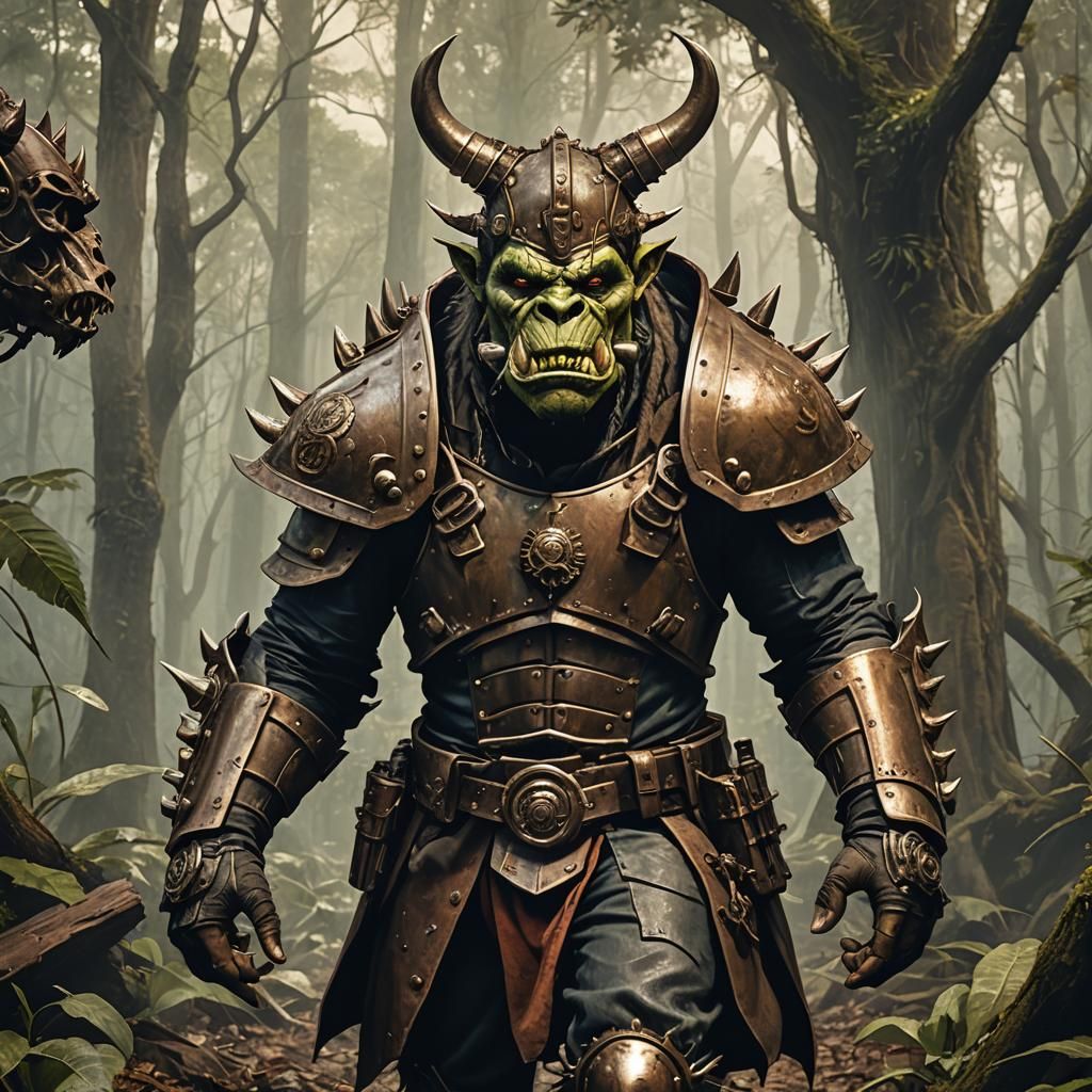 Orc Warrior in Forest: Steampunk Illustration