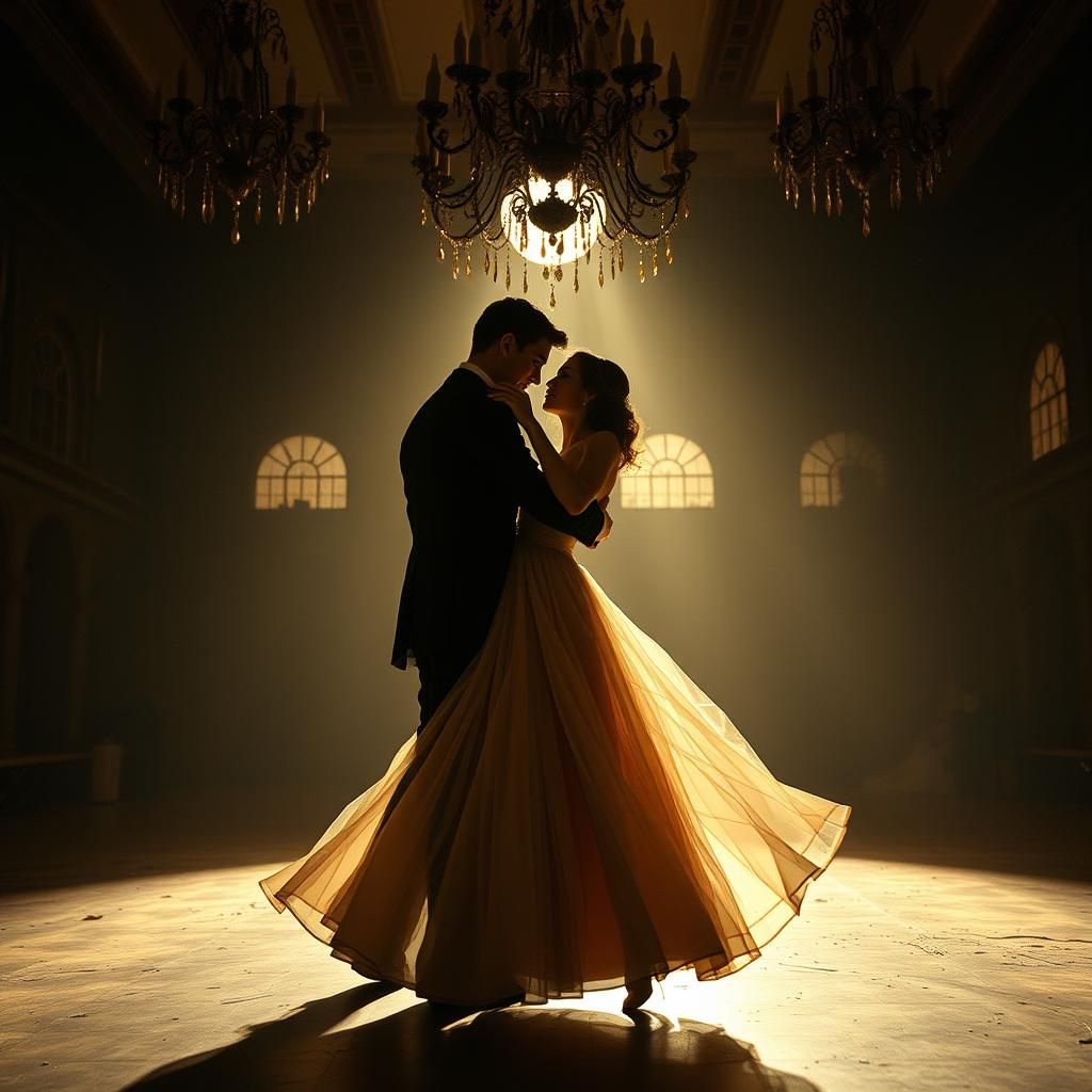 Ballroom Waltz in Decaying Grandeur: Cinematic Film Still
