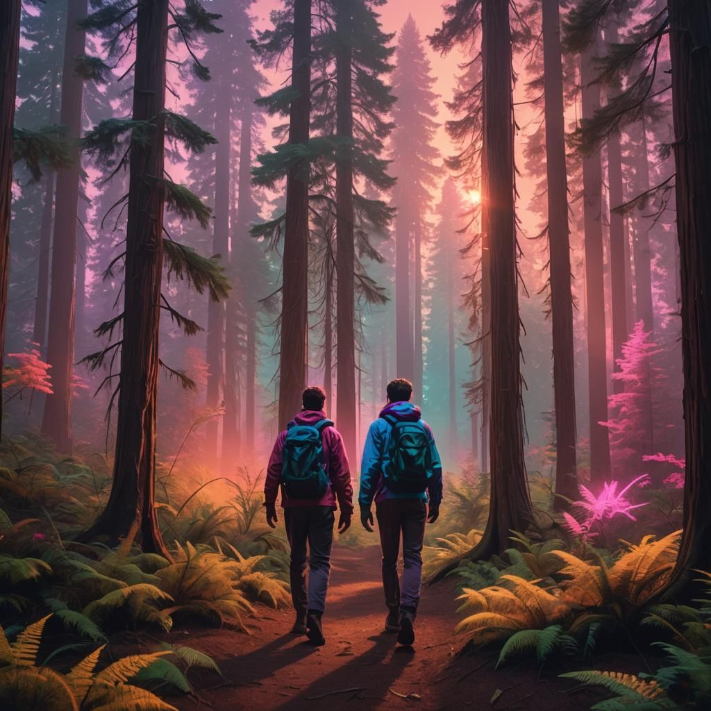 Synthwave Redwood Forest Sunset in Neon Retro Style
