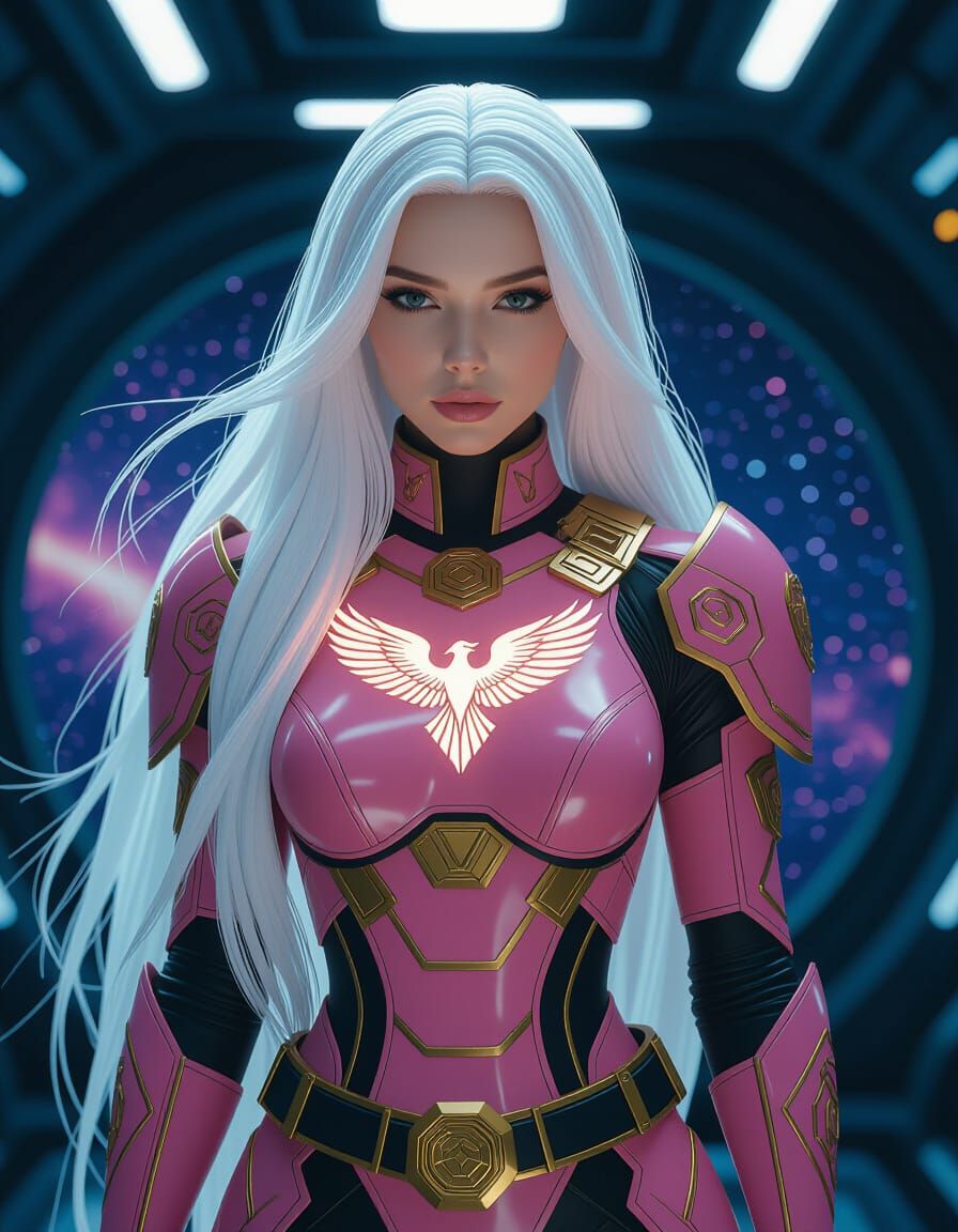 Woman in Pink Armor in Futuristic Space Station