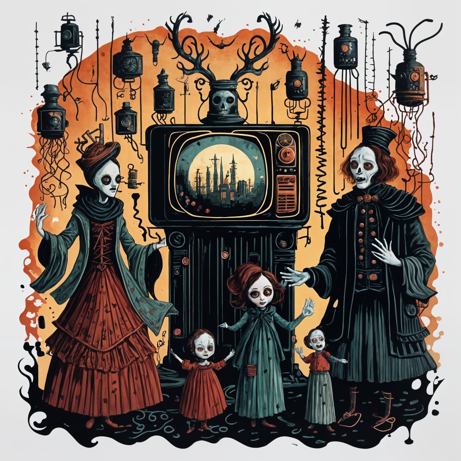 Surreal Vintage Goth Family Succumbs to Oil in Watercolor Ch...