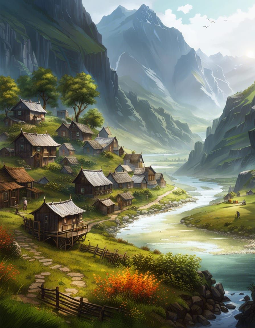Picturesque River Village in Whimsical Style
