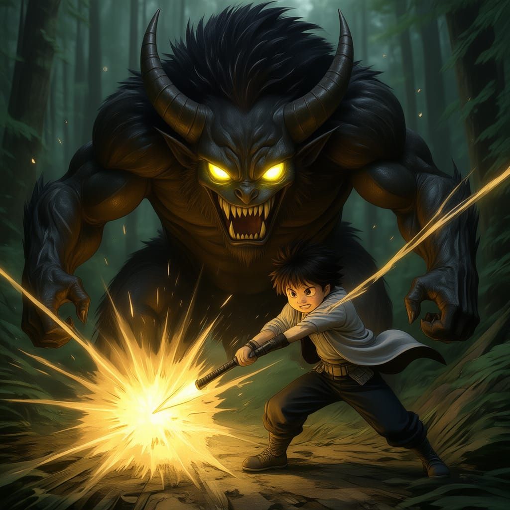 Boy Fights Monster in Black and White Manga Style