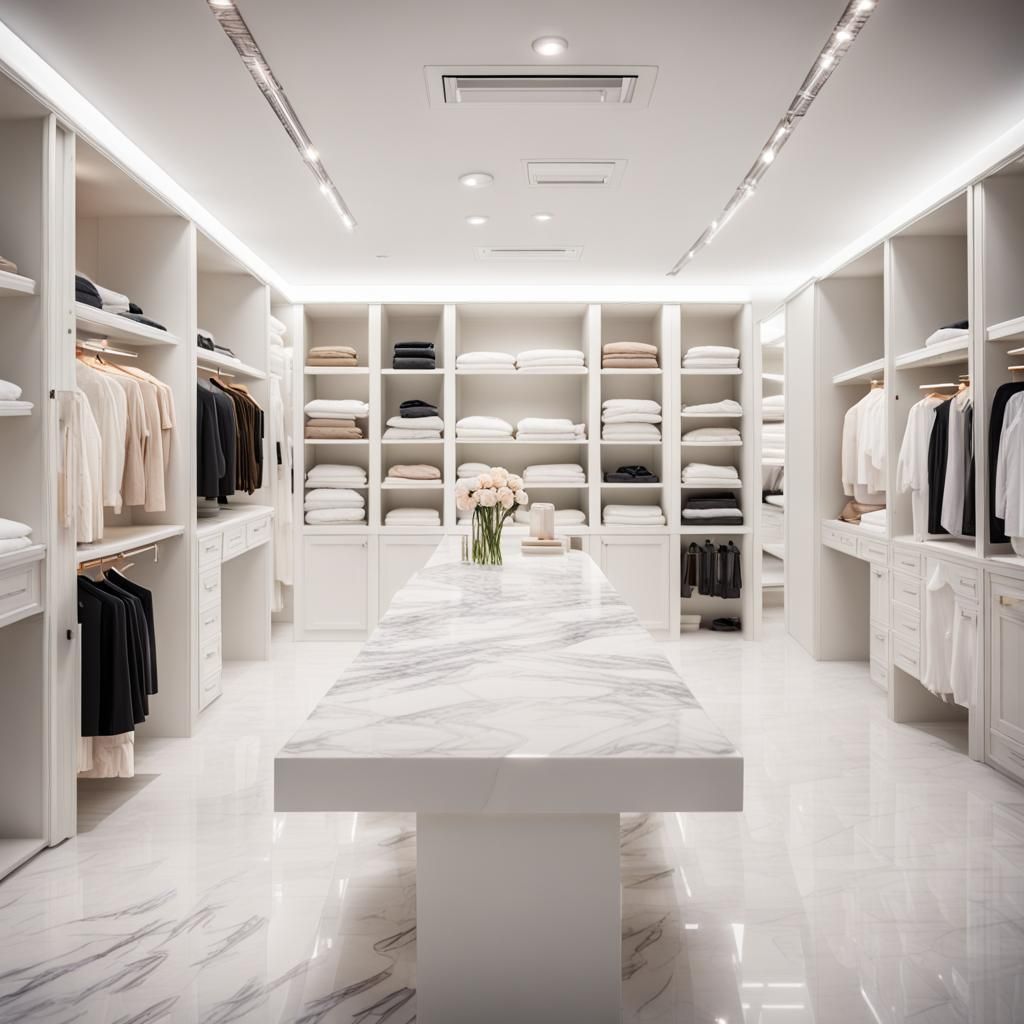Minimalist White Wardrobe Room with Marble