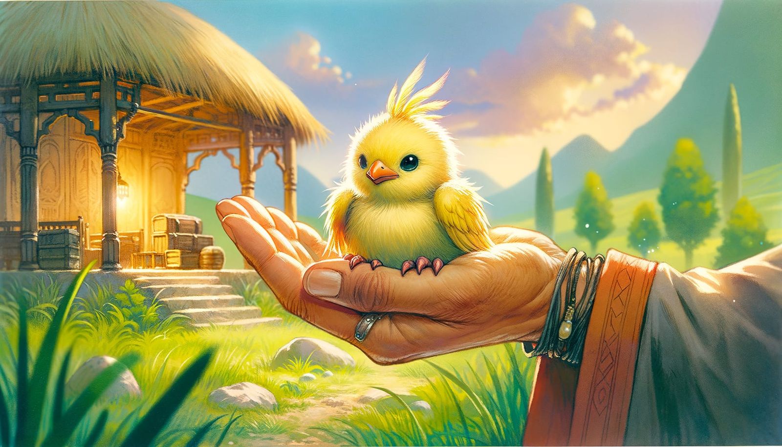 Fantasy Chocobo Illustration in a Lush Oasis