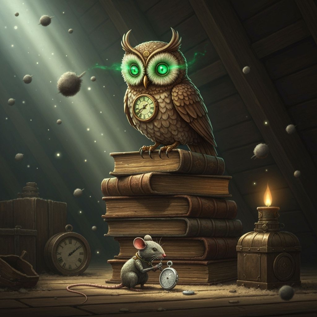 Steampunk Clockwork Owl on Books in Dusty Attic