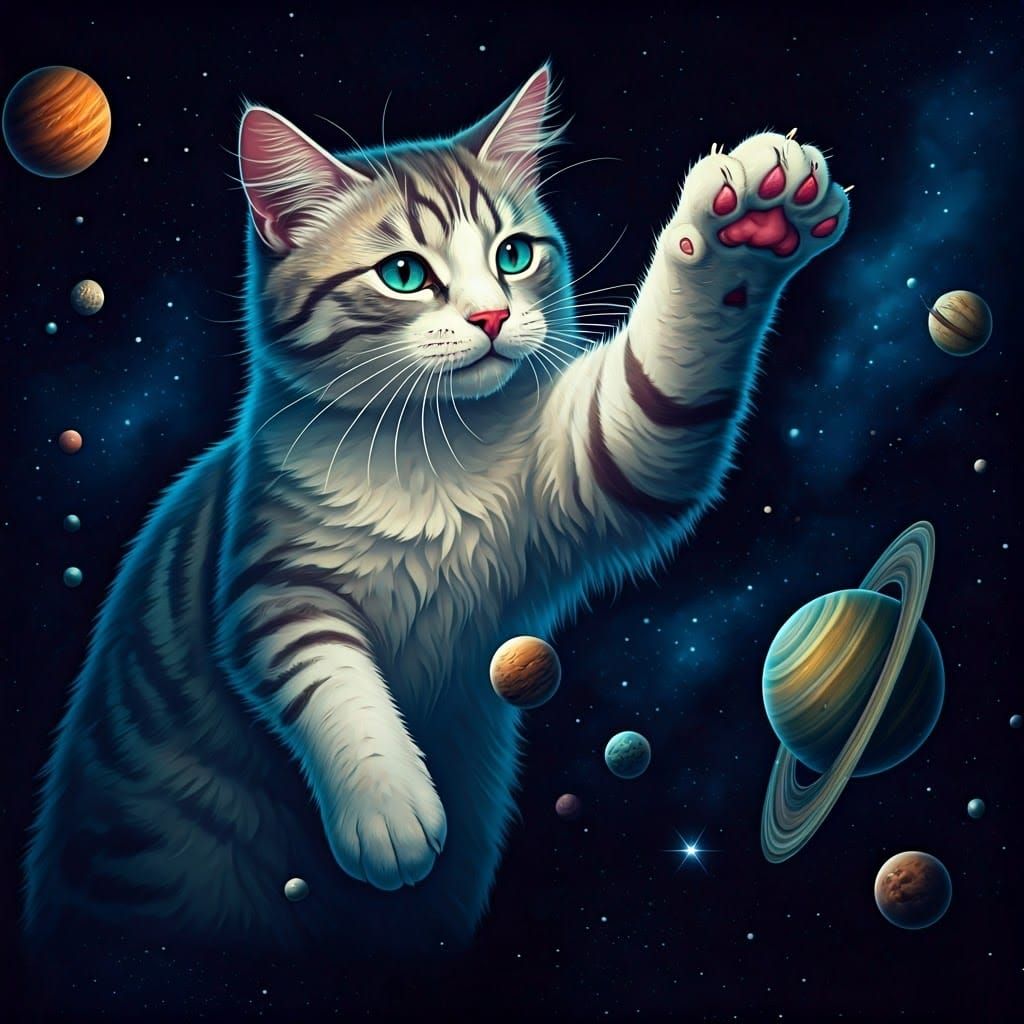 A giant cat playfully knocking planets around with her paw