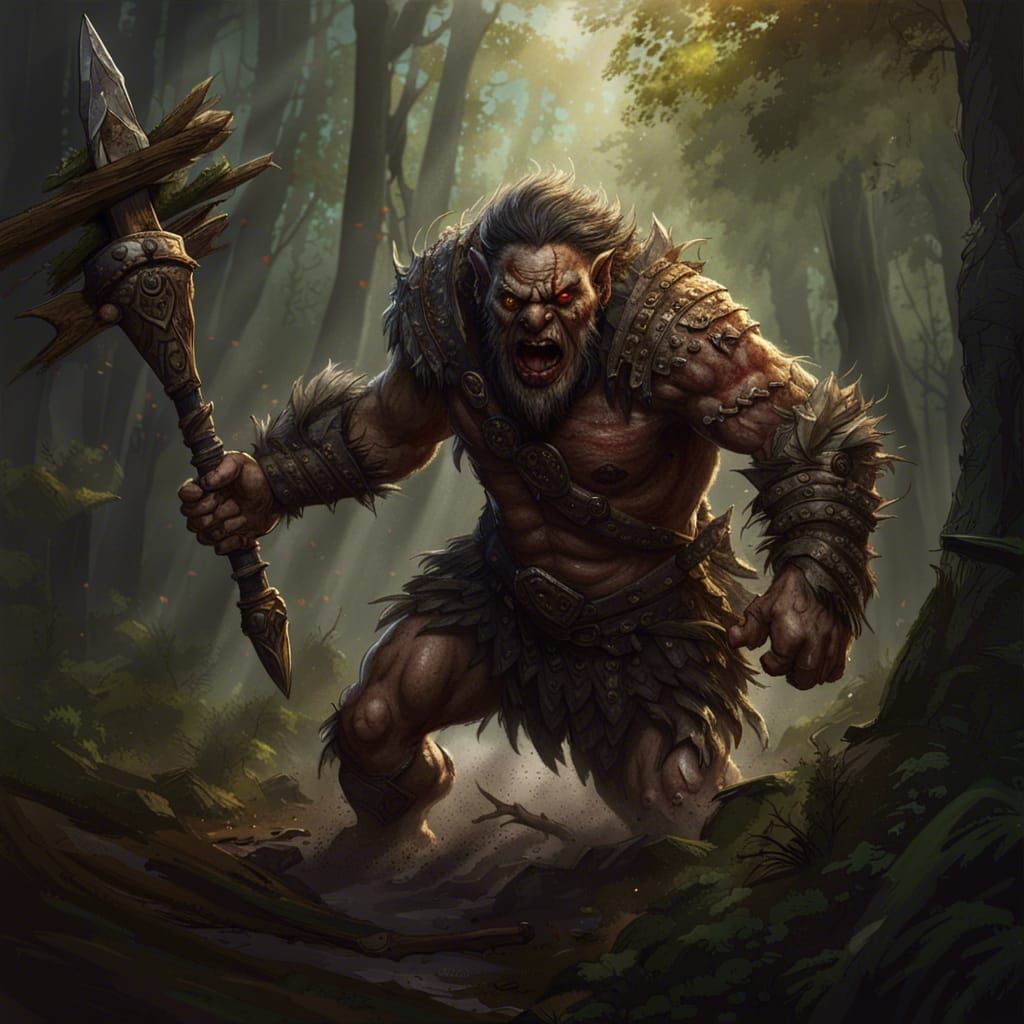Raging Ettin Runs Through Forest: Dark Fantasy Art