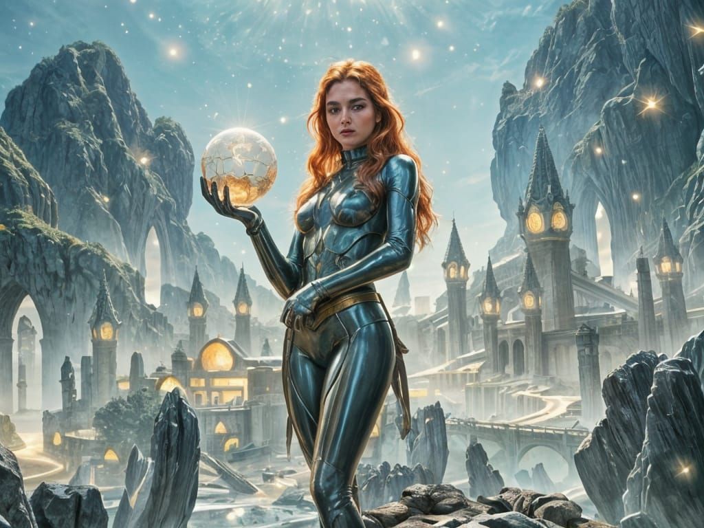 Half-Elf Enchantress Surveys Crystalline City in Fantasy Art