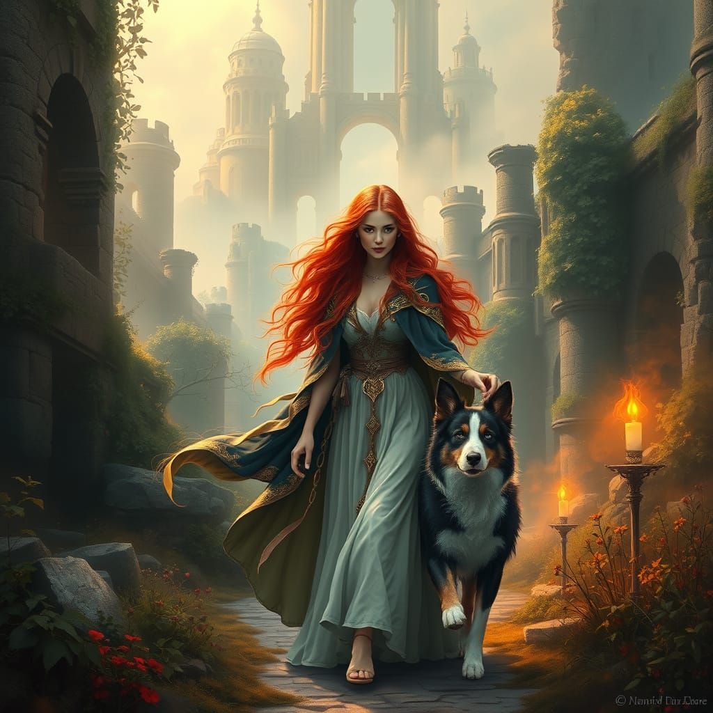 Beautiful female sorceress with long red hair walks through ...