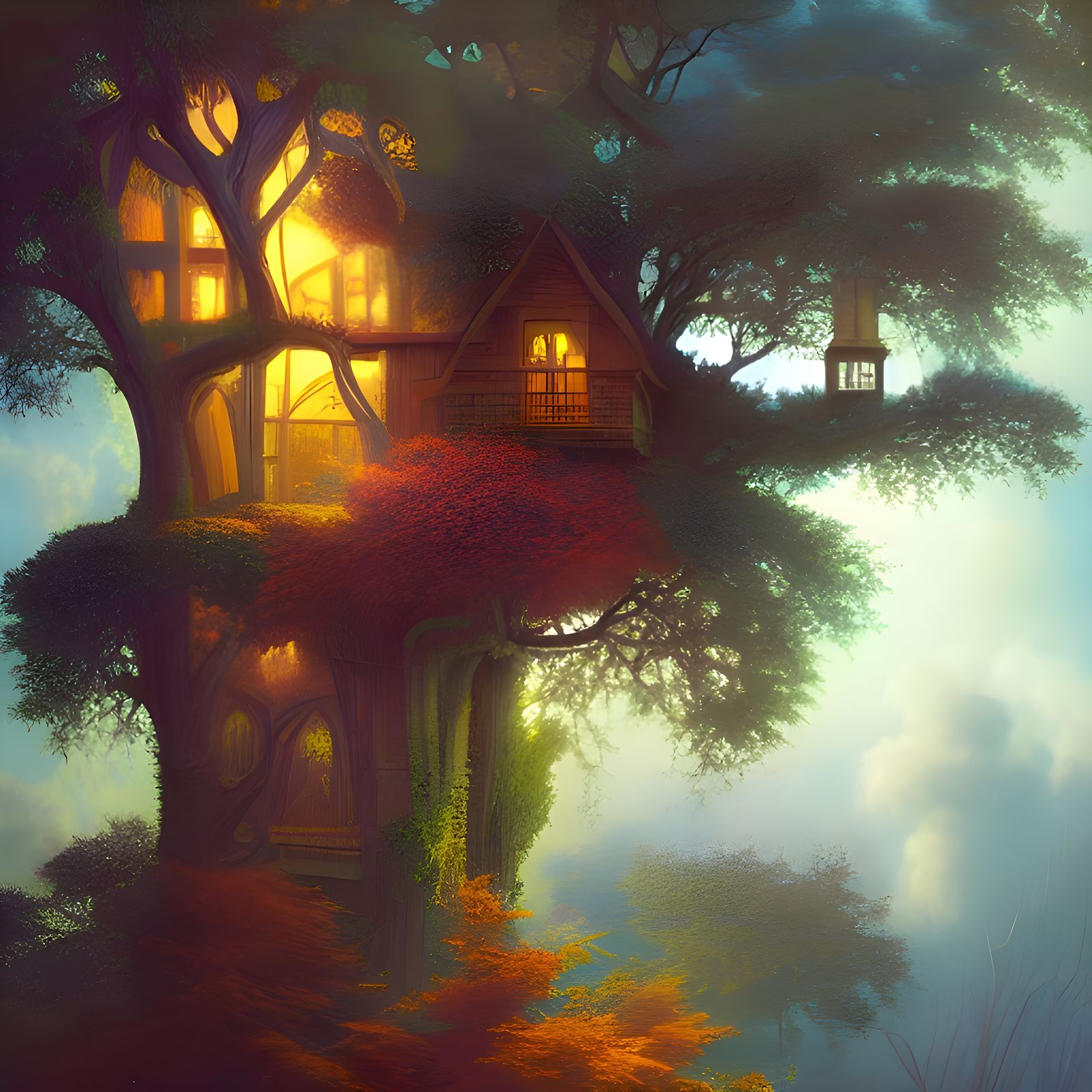 Extravagant Treehouse in Detailed Oil Painting