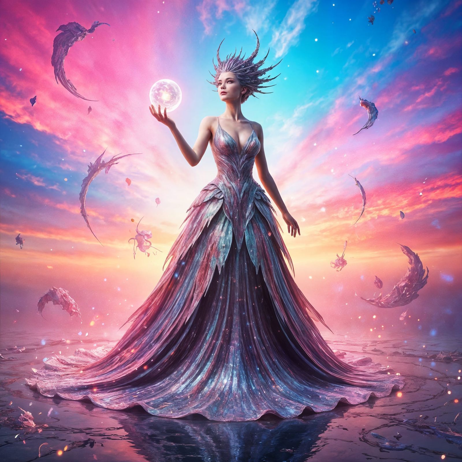 Surreal Pom-Pom Woman on Boardwalk in Technicolor