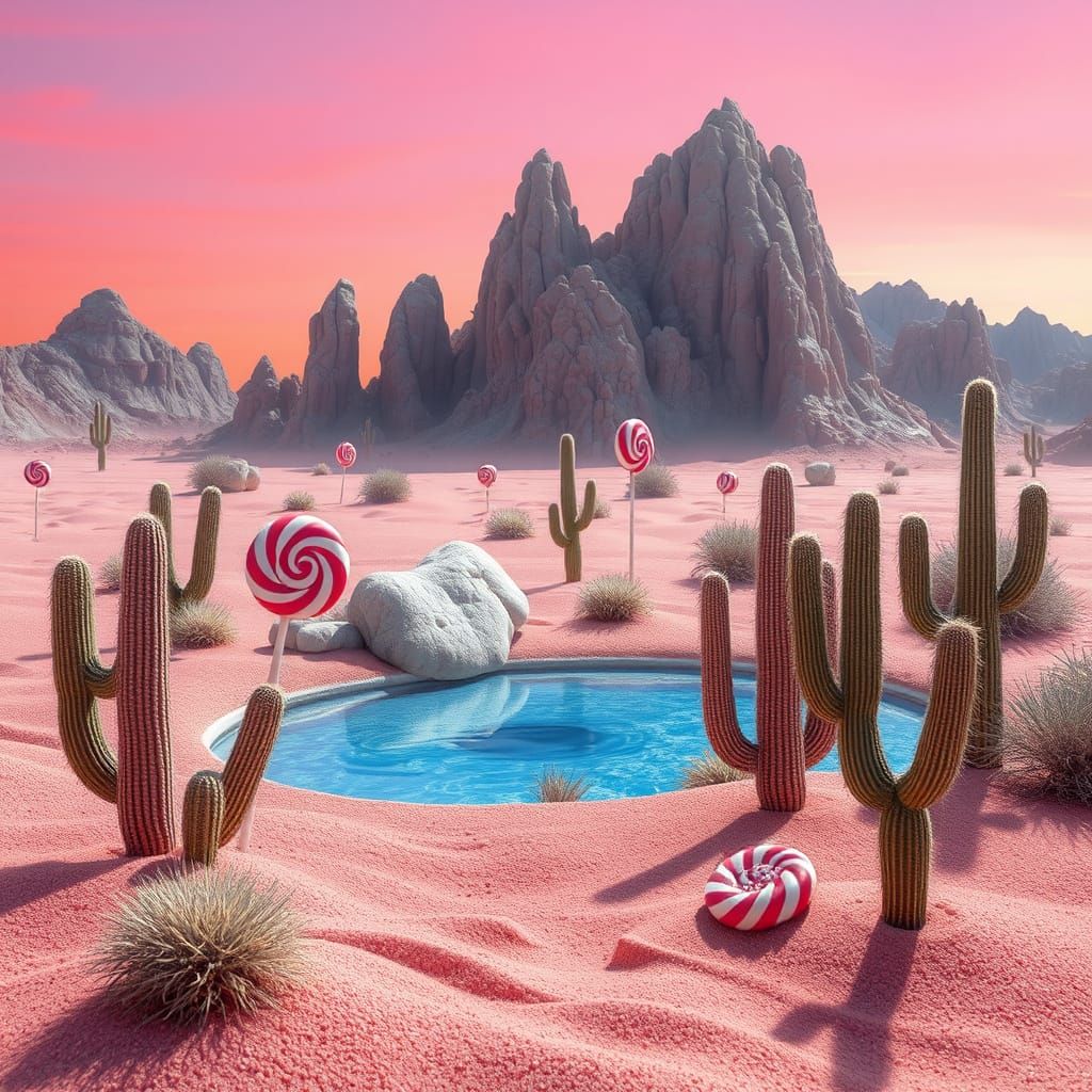 Surreal Candy Desert Oasis with Syrup Water