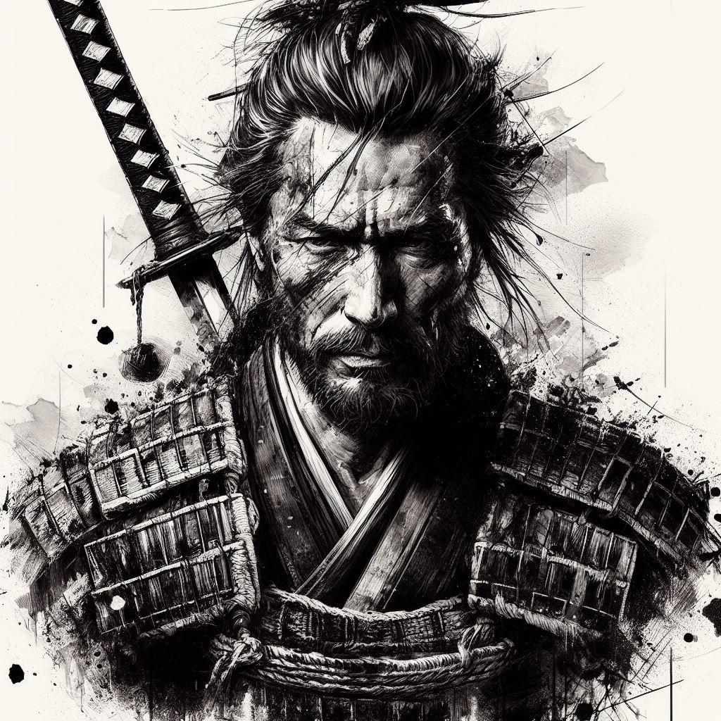 Hyperdetailed Samurai Portrait with Ink Splash Art