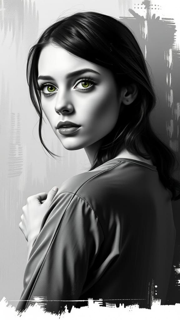 Expressive Portrait of Woman with Green Eyes in Black and Wh...