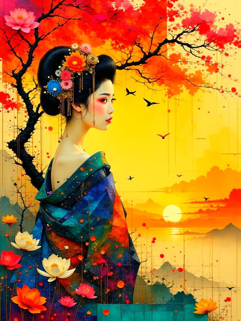 Geisha Under Blossom Tree in Abstract Style