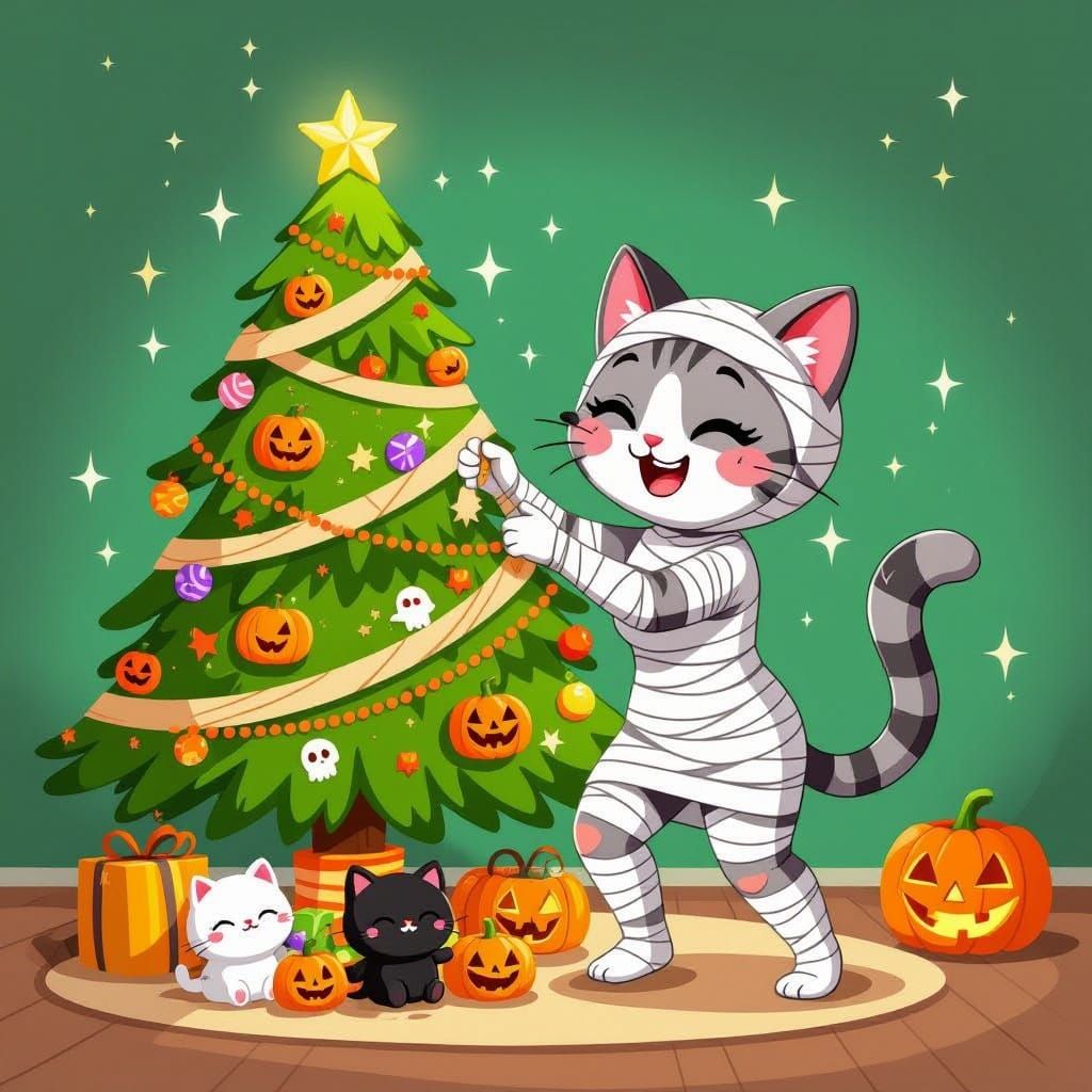 Anthropomorphic Cat Lady Decorates Halloween Christmas Tree