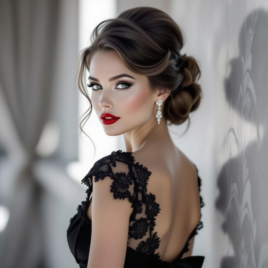 Monochrome charcoal pencil drawing a woman with a sophistica...