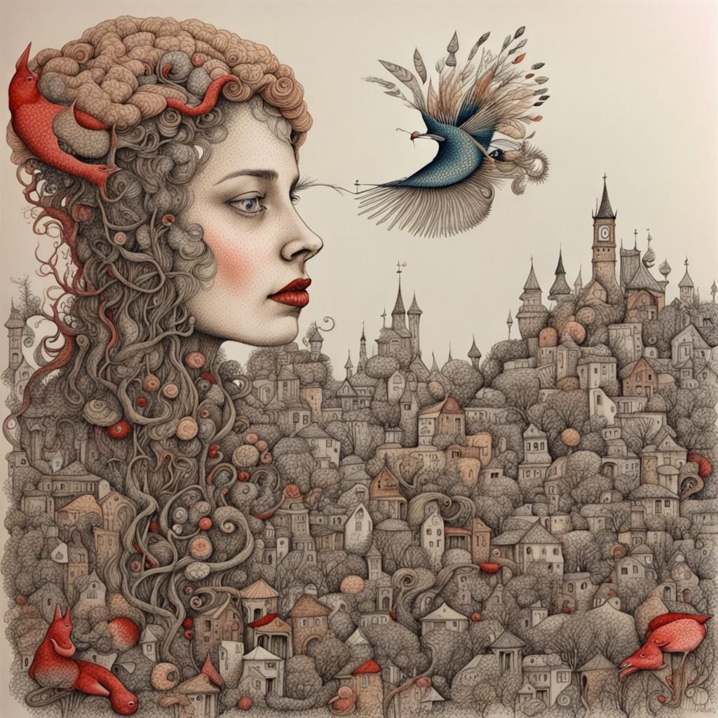 Surreal Ink Drawing in Pen and Color