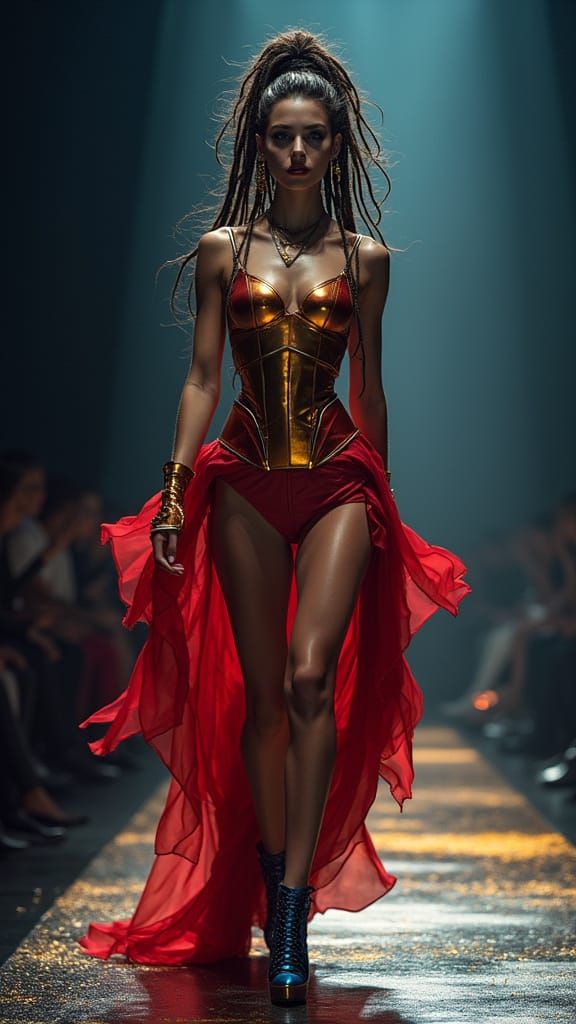 Futuristic Fashion Model in Runway Explosion of Glamour