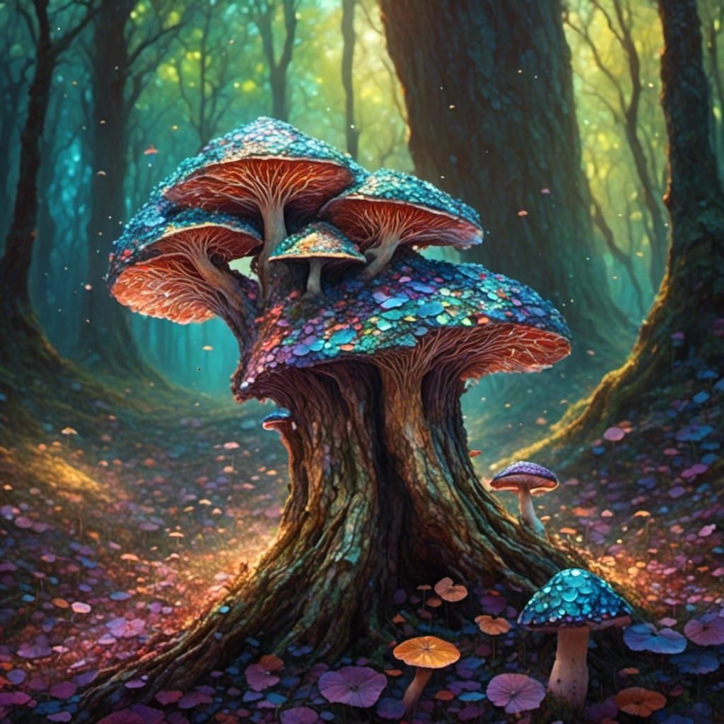 iridescent <lora:flotre:1.0> tree trunk with mosaic mushroom
