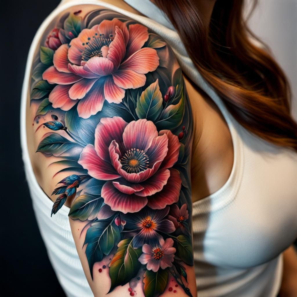 Neo Traditional Flower Tattoo Art on Neck