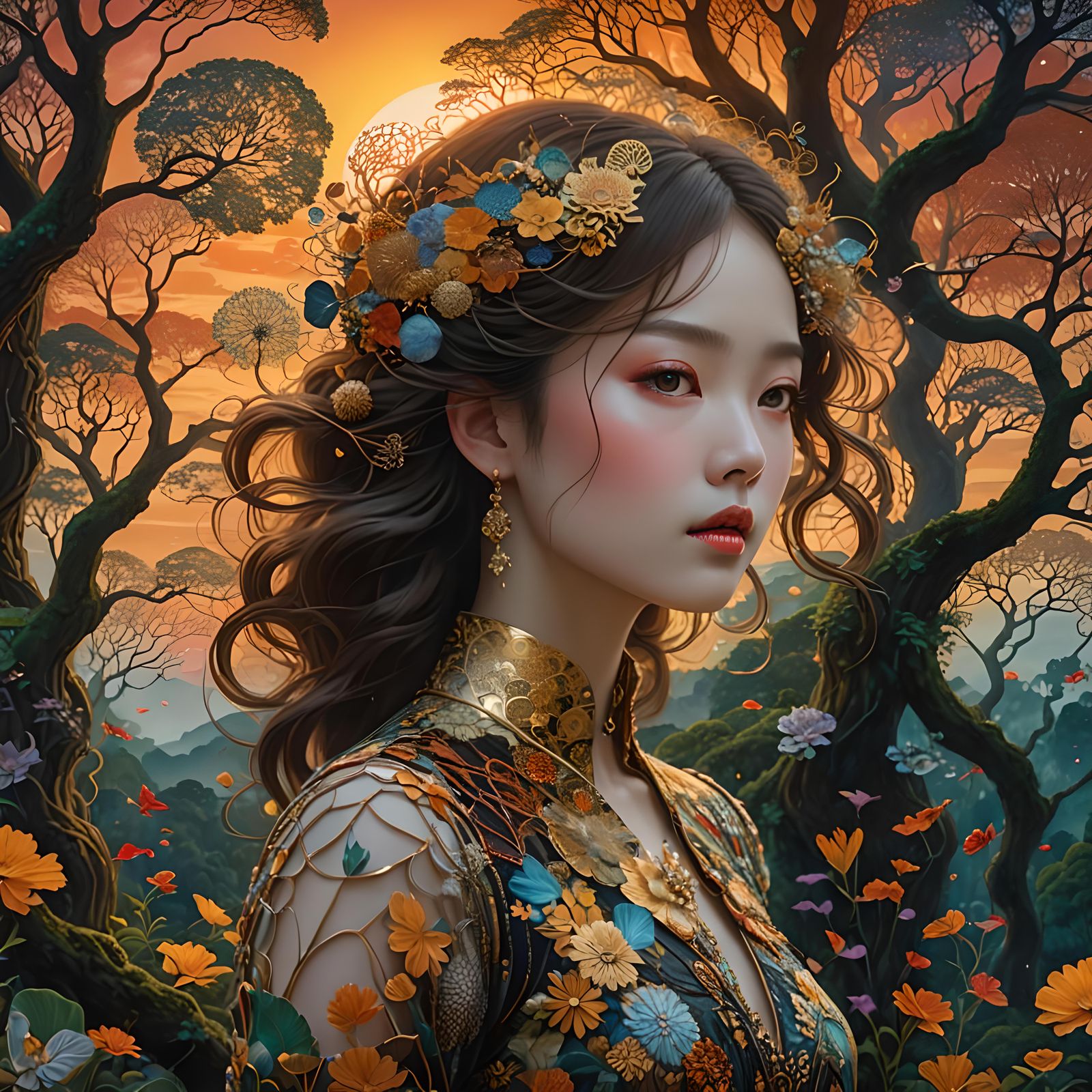 Sunset Woman in Magical Forest, Elegant Art