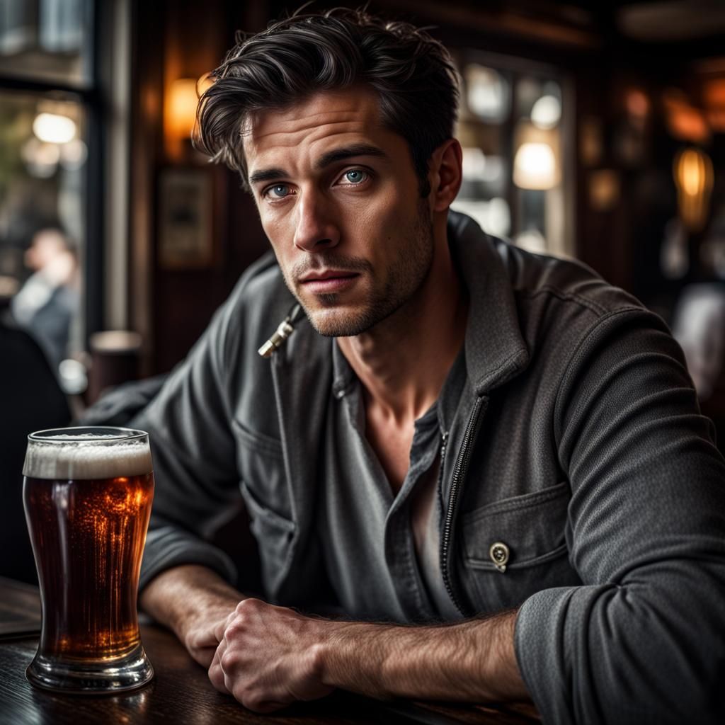 Hyperrealistic Man in Pub with Dark Hair and Grey Eyes