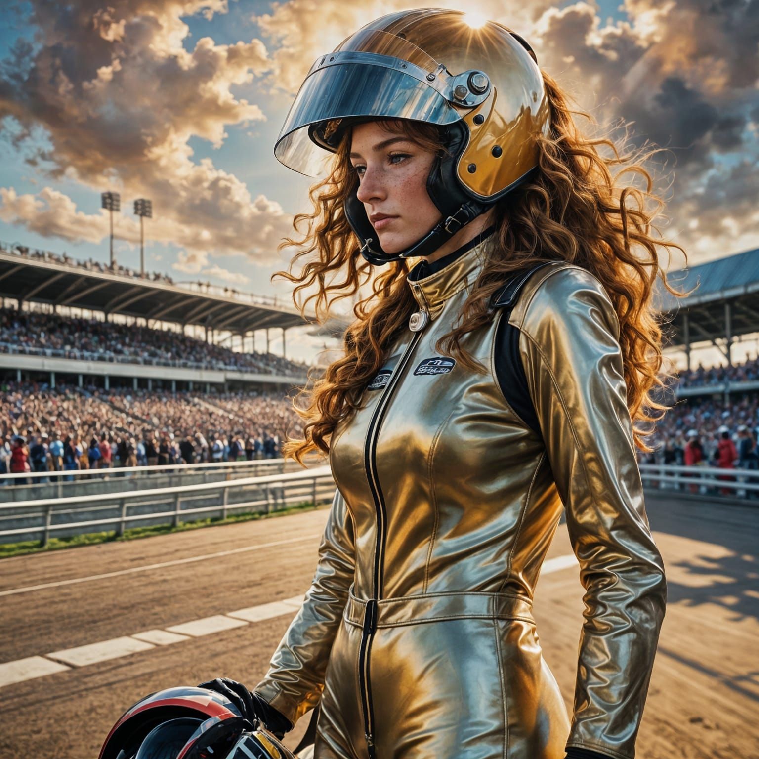 Woman on Racetrack in Leather Racing Suit