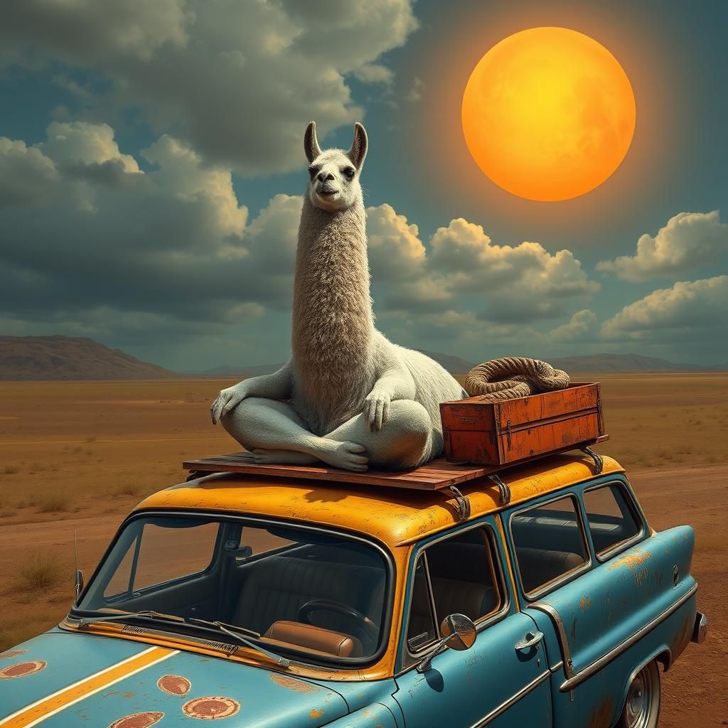 Surreal Llama Meditating on Hyperrealistic Vehicle