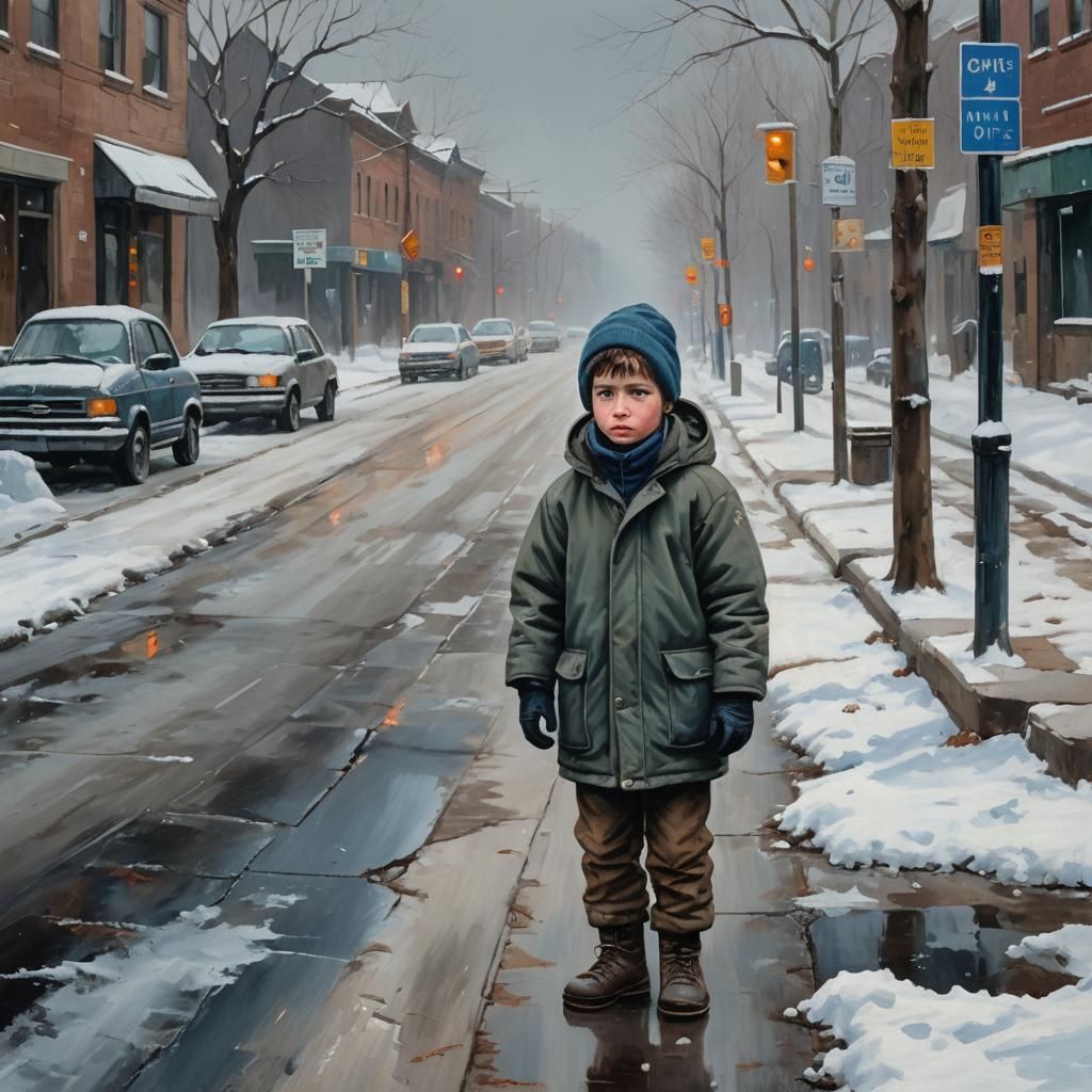 Boy Begging in Snowy Street: Realistic Oil Painting