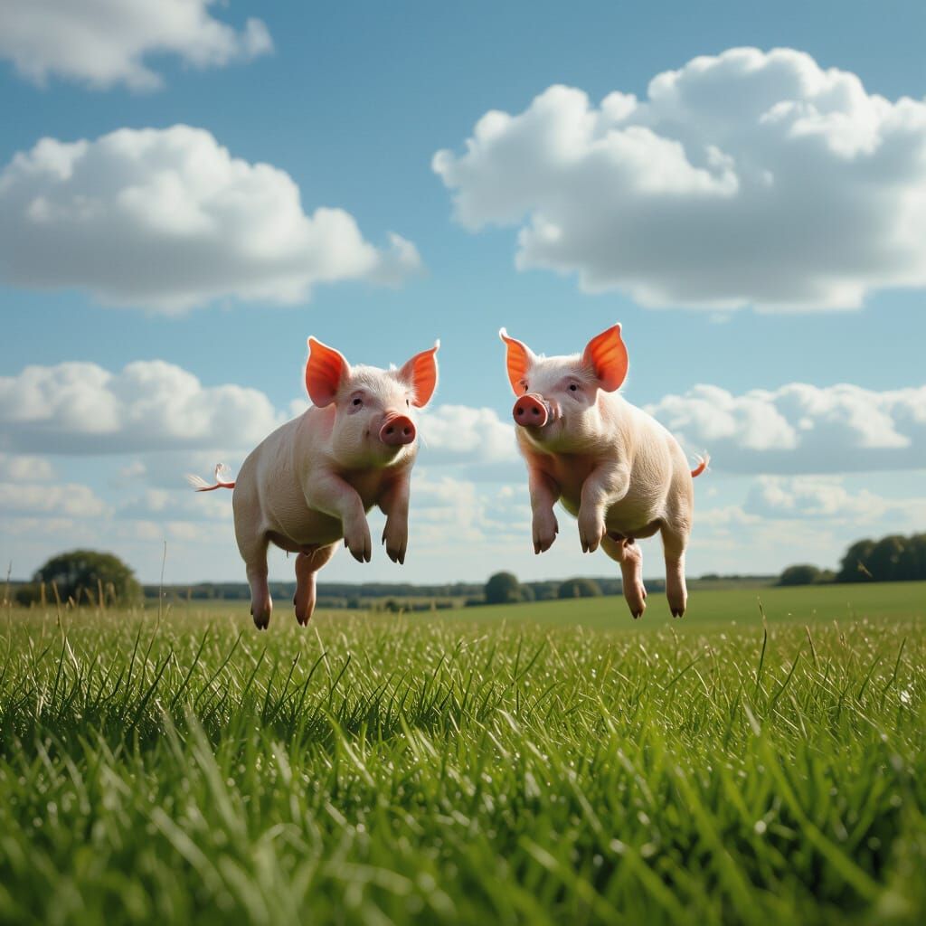 Happy Pigs Soar Through Sky Above Green Meadow