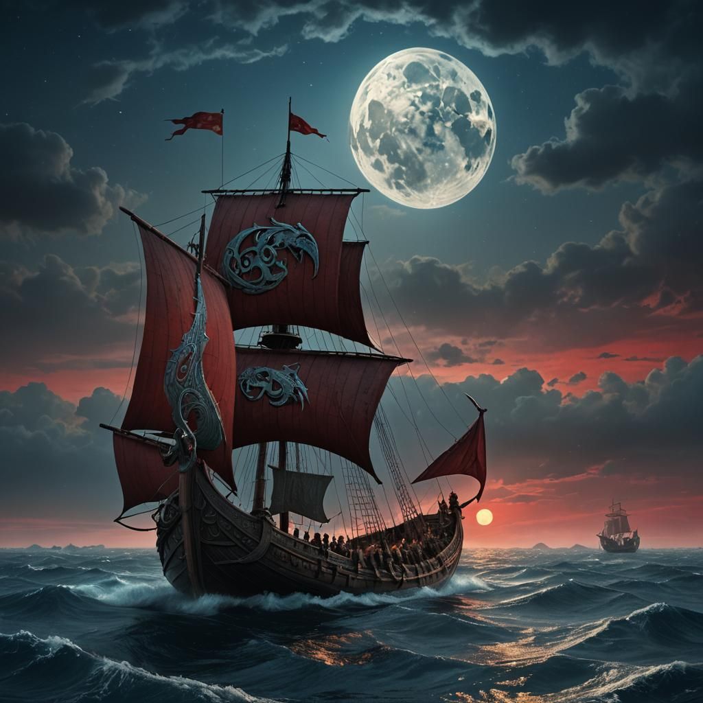 Viking Ship Sails Under Red Moon in Detailed Matte Painting