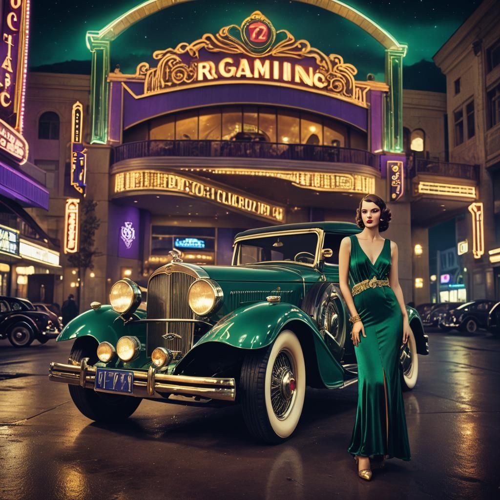 Art Deco Woman Posing with Vintage Car at Casino