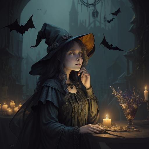 Halloween Witch in Enchanted Town: Dark Fantasy Art