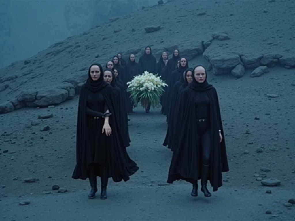 Otherworldly Funeral Procession on Barren Alien Planet